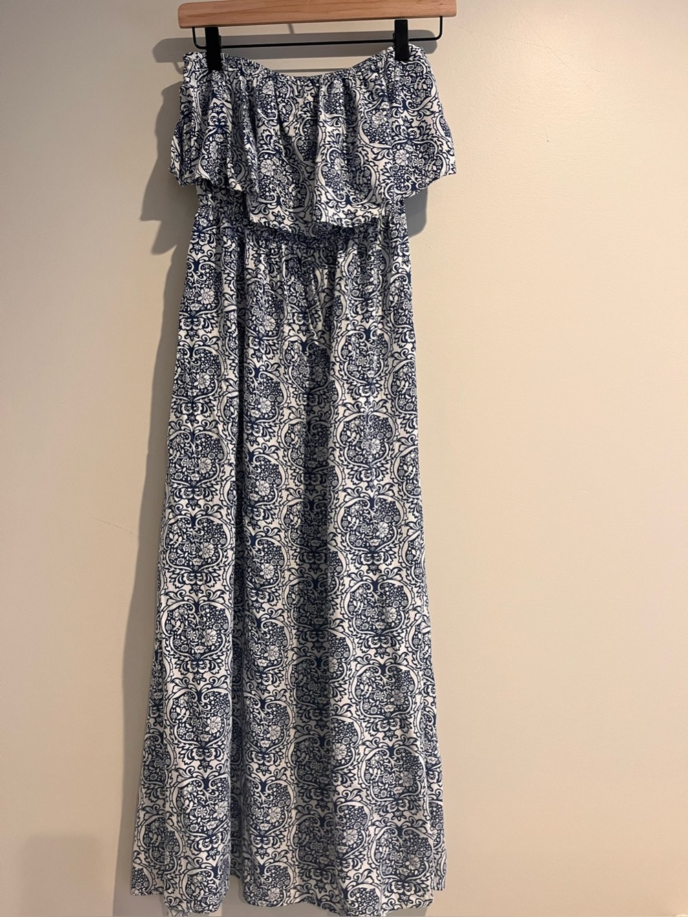 Strapless Sun Dress Ruffle Blue White Medium Flowy Maxi Coastal Paisley Boho